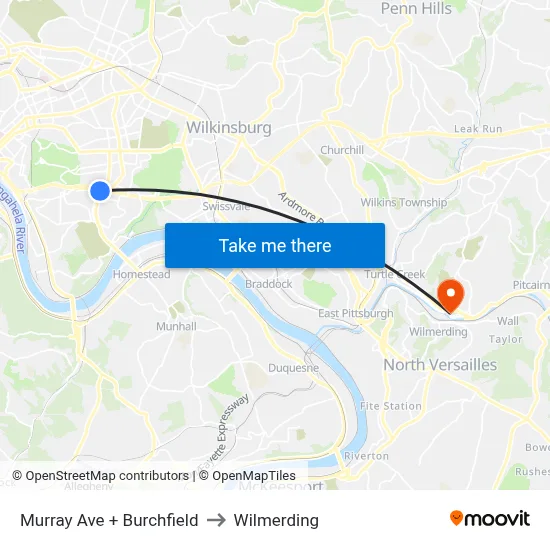 Murray Ave + Burchfield to Wilmerding map
