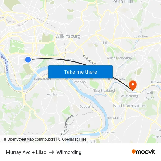 Murray Ave + Lilac to Wilmerding map