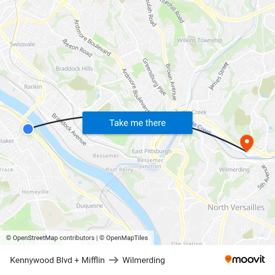Kennywood Blvd + Mifflin to Wilmerding map