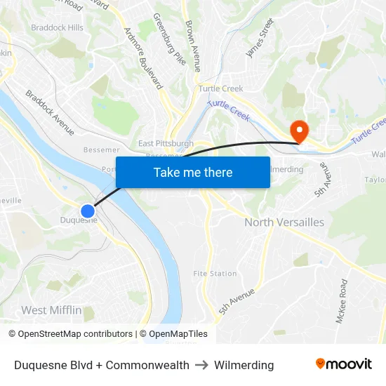 Duquesne Blvd + Commonwealth to Wilmerding map
