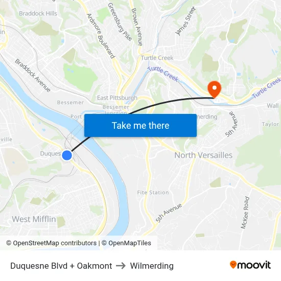 Duquesne Blvd + Oakmont to Wilmerding map