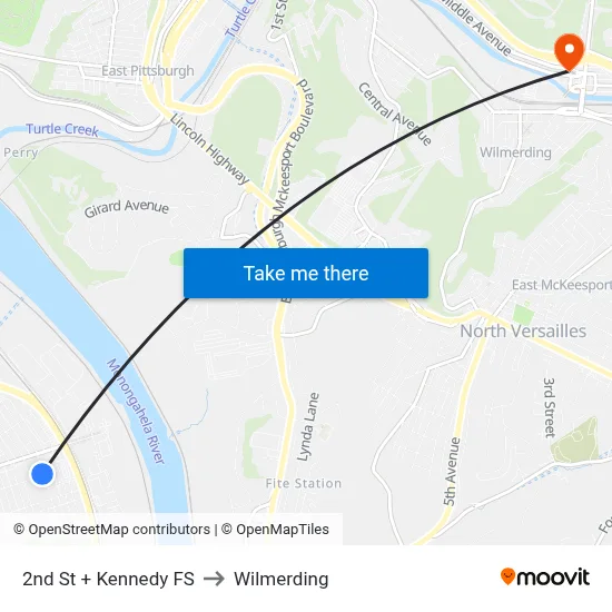 2nd St + Kennedy FS to Wilmerding map