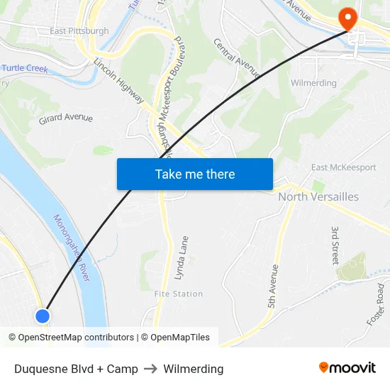 Duquesne Blvd + Camp to Wilmerding map
