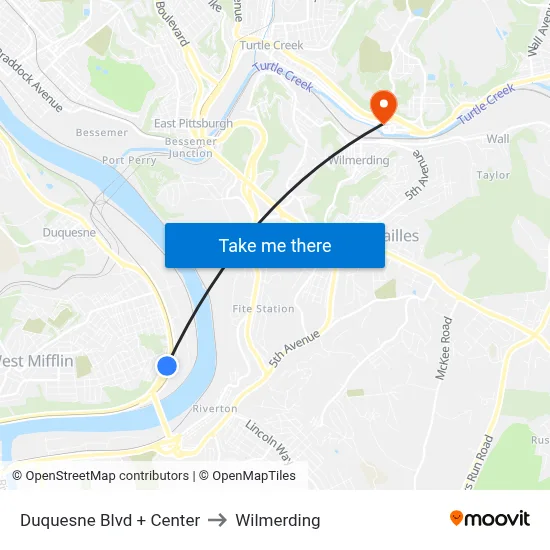 Duquesne Blvd + Center to Wilmerding map