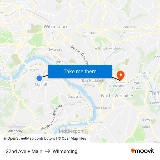 22nd Ave + Main to Wilmerding map