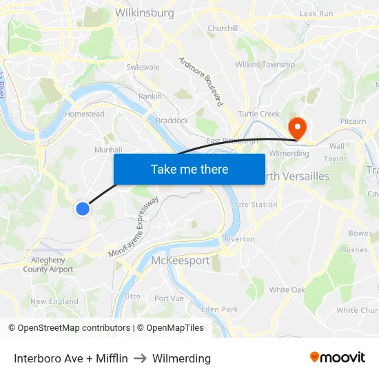 Interboro Ave + Mifflin to Wilmerding map