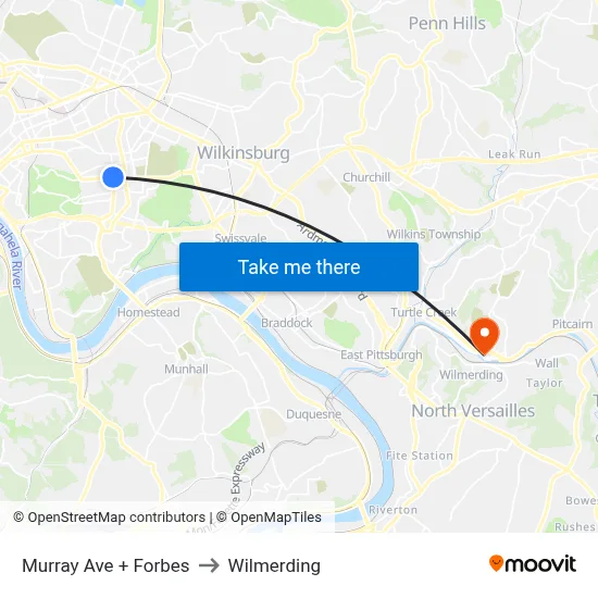 Murray Ave + Forbes to Wilmerding map