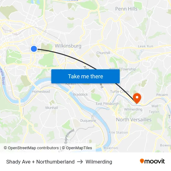 Shady Ave + Northumberland to Wilmerding map