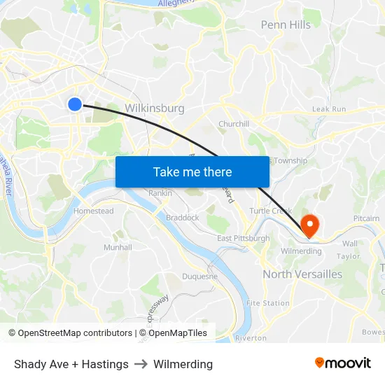 Shady Ave + Hastings to Wilmerding map