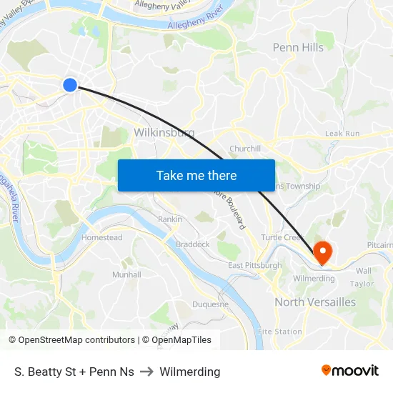 S. Beatty St + Penn Ns to Wilmerding map