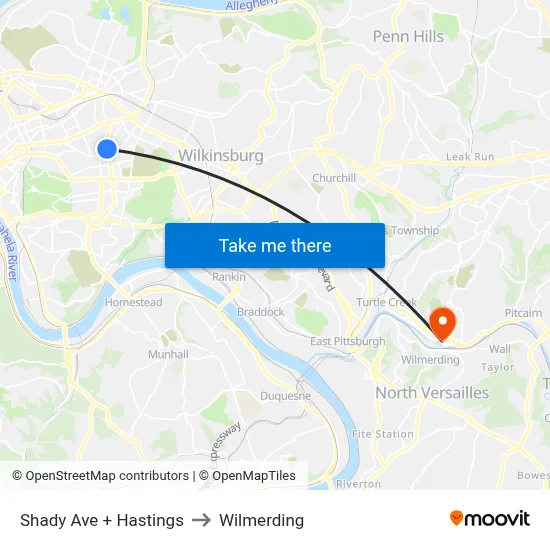 Shady Ave + Hastings to Wilmerding map