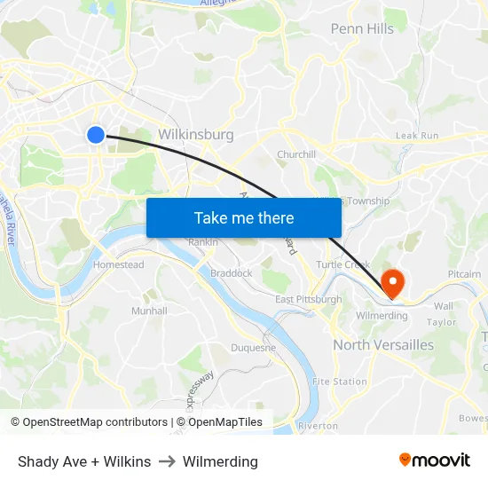 Shady Ave + Wilkins to Wilmerding map
