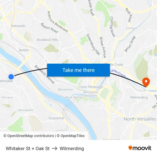 Whitaker St + Oak St to Wilmerding map