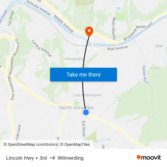 Lincoln Hwy + 3rd to Wilmerding map