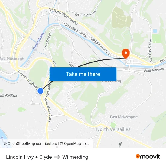 Lincoln Hwy + Clyde to Wilmerding map