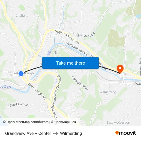 Grandview Ave + Center to Wilmerding map