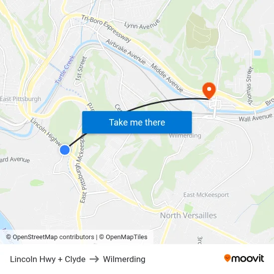 Lincoln Hwy + Clyde to Wilmerding map