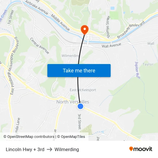 Lincoln Hwy + 3rd to Wilmerding map