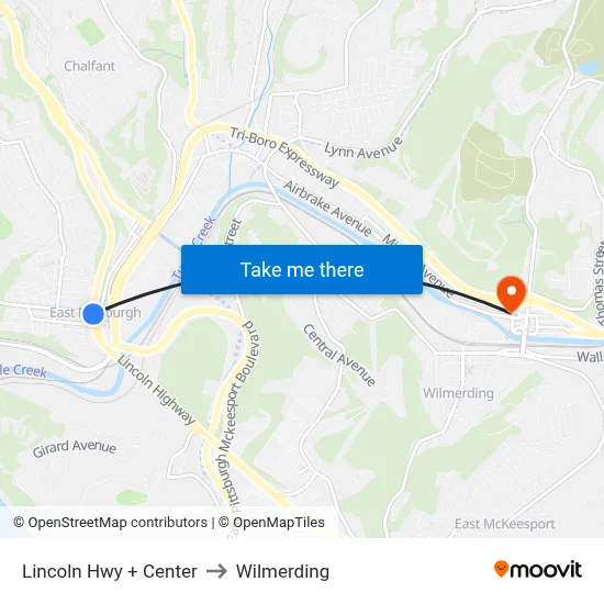 Lincoln Hwy + Center to Wilmerding map