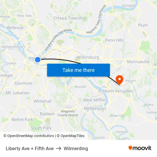 Liberty Ave + Fifth Ave to Wilmerding map