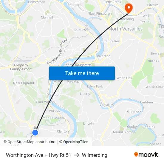 Worthington Ave + Hwy Rt 51 to Wilmerding map