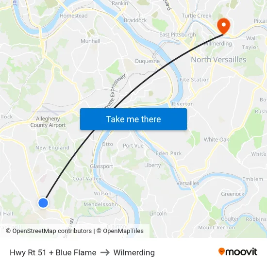 Hwy Rt 51 + Blue Flame to Wilmerding map