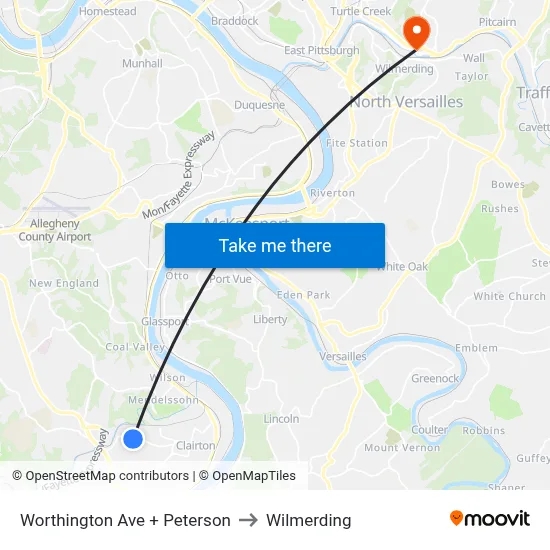 Worthington Ave + Peterson to Wilmerding map