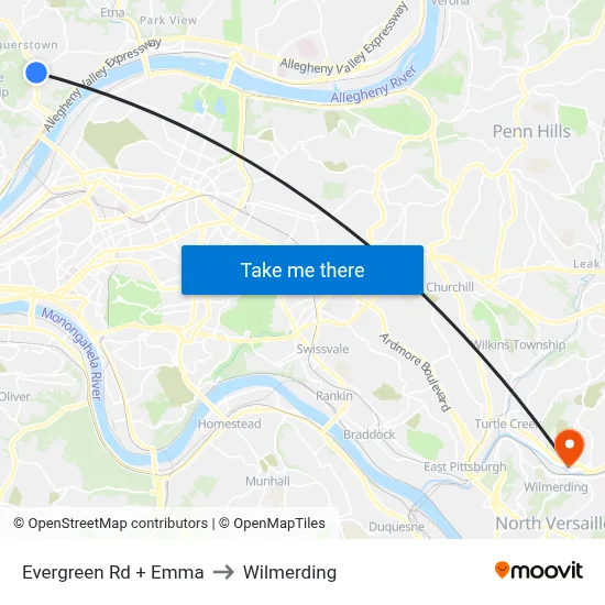 Evergreen Rd + Emma to Wilmerding map