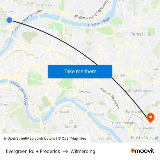 Evergreen Rd + Frederick to Wilmerding map