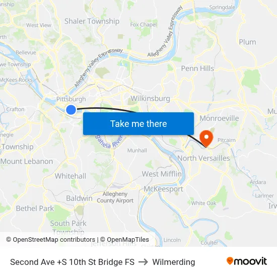 Second Ave +S 10th St Bridge FS to Wilmerding map
