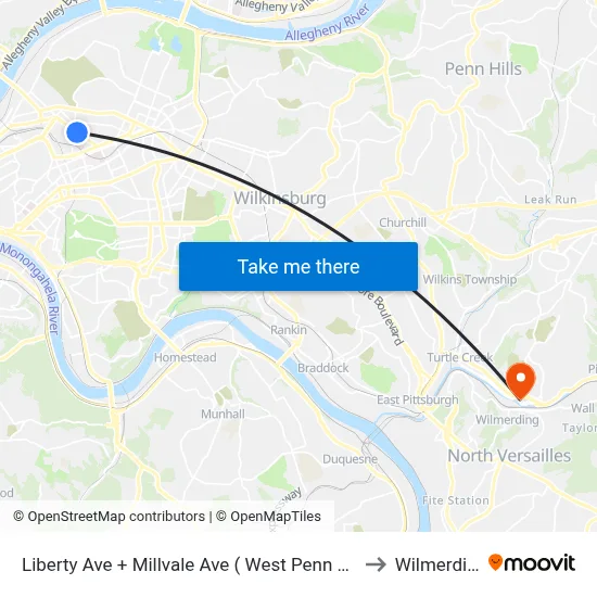 Liberty Ave + Millvale Ave ( West Penn Hosp) to Wilmerding map