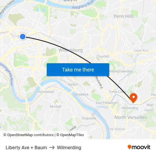 Liberty Ave + Baum to Wilmerding map