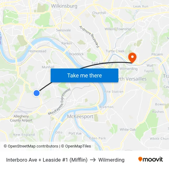 Interboro Ave + Leaside #1 (Mifflin) to Wilmerding map