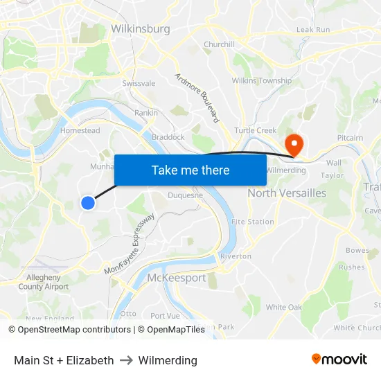 Main St + Elizabeth to Wilmerding map