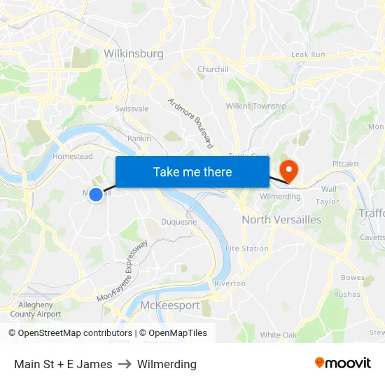 Main St + E James to Wilmerding map