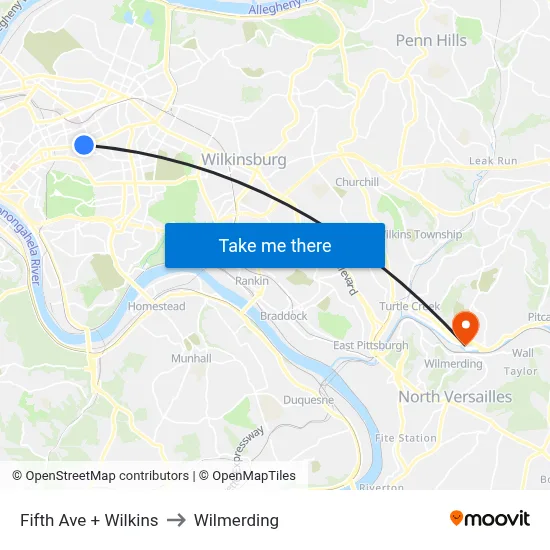 Fifth Ave + Wilkins to Wilmerding map