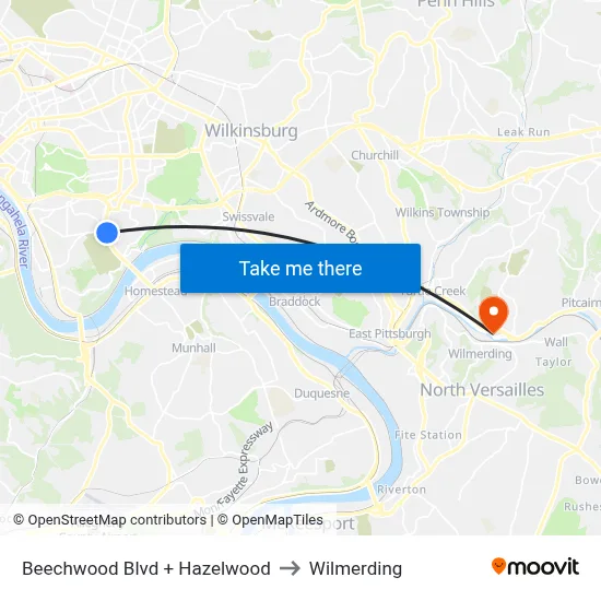 Beechwood Blvd + Hazelwood to Wilmerding map