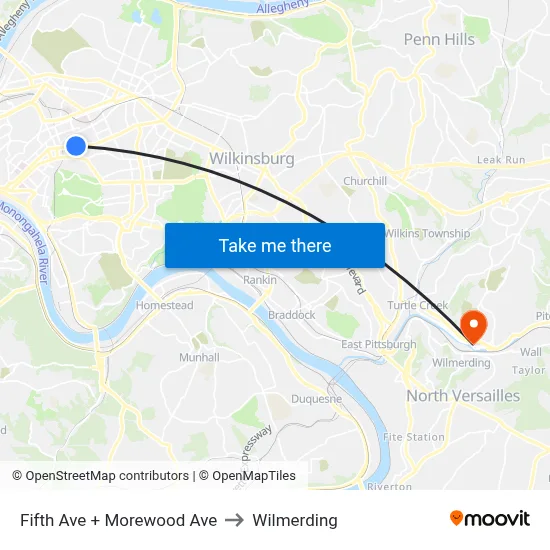 Fifth Ave + Morewood Ave to Wilmerding map