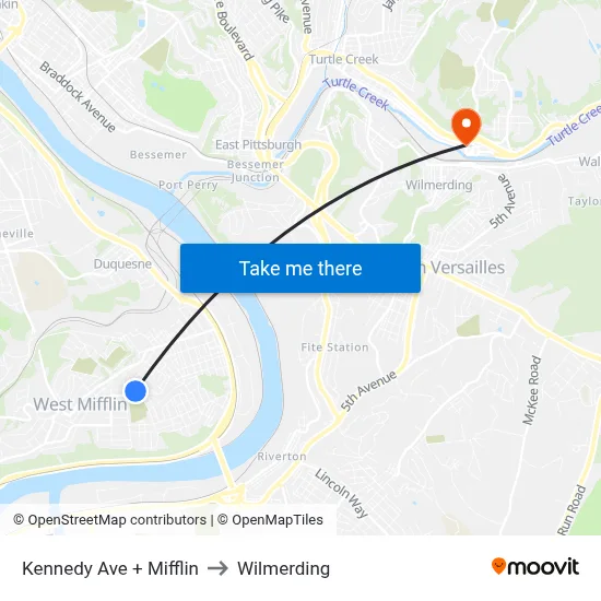 Kennedy Ave + Mifflin to Wilmerding map