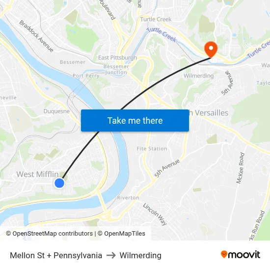 Mellon St + Pennsylvania to Wilmerding map