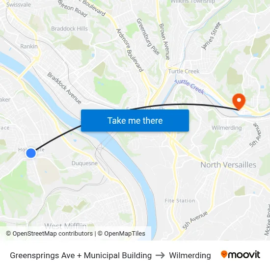 Greensprings Ave + Municipal Building to Wilmerding map
