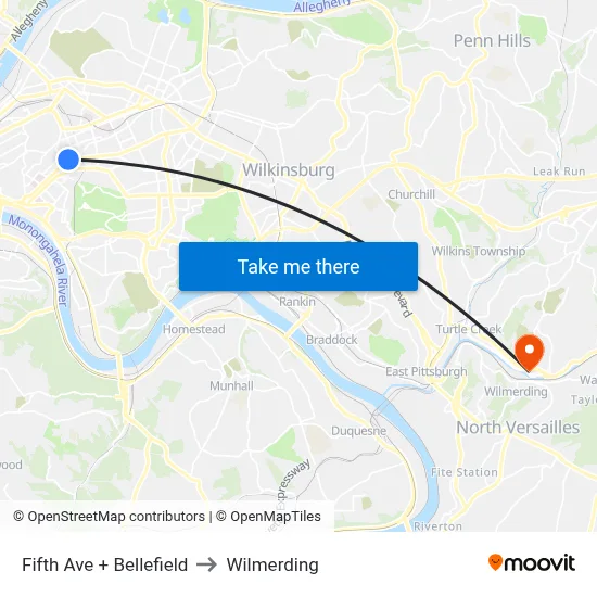 Fifth Ave + Bellefield to Wilmerding map