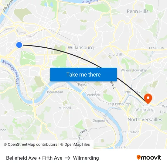 Bellefield Ave + Fifth Ave to Wilmerding map