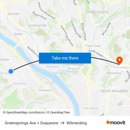 Greensprings Ave + Duquesne to Wilmerding map
