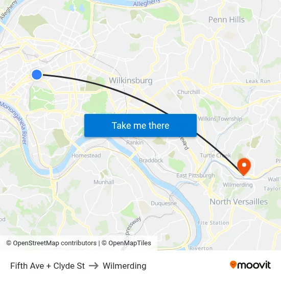 Fifth Ave + Clyde St to Wilmerding map