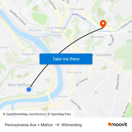 Pennsylvania Ave + Mellon to Wilmerding map