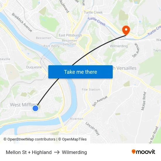Mellon St + Highland to Wilmerding map
