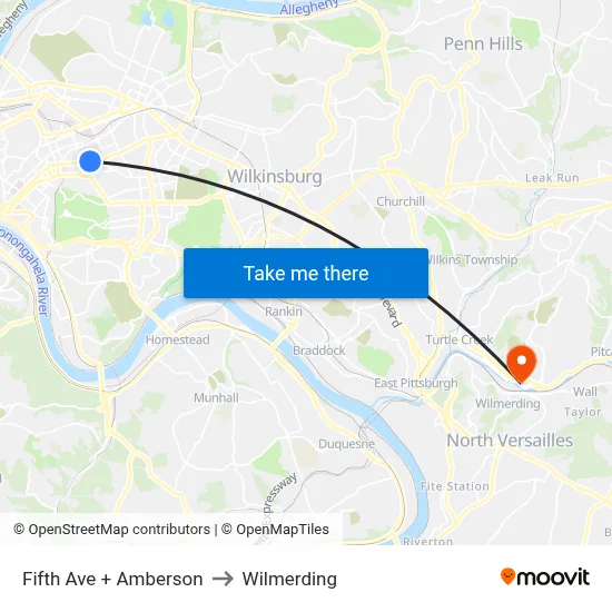 Fifth Ave + Amberson to Wilmerding map
