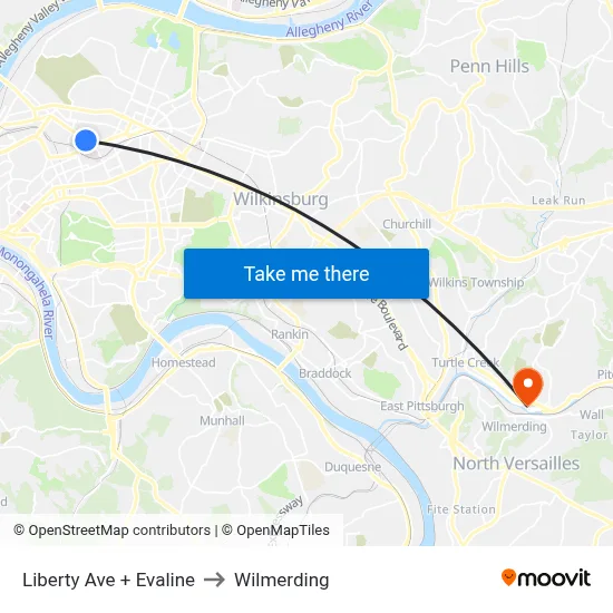 Liberty Ave + Evaline to Wilmerding map