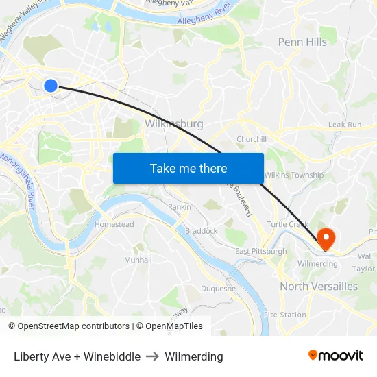Liberty Ave + Winebiddle to Wilmerding map